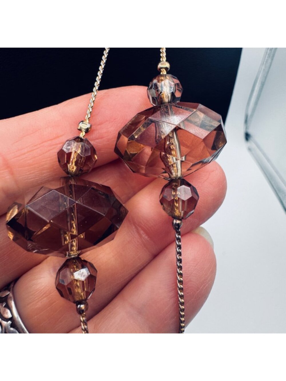 Vintage Smoky Topaz Glass Bead Station Necklace 54" 14k GP Opera Art Deco Luxury - Picture 5 of 10